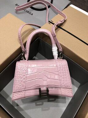 Balenciaga Hourglass Pink Leather Top Handle Crossbody Bag B Logo